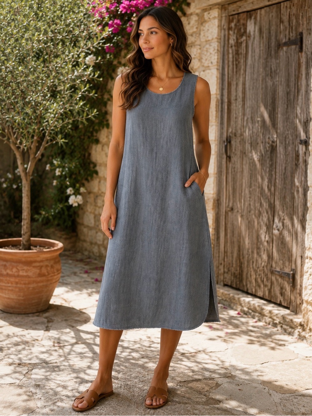 Lafayette 148 New York Sleeveless A-Line Dress in Dusty Blue